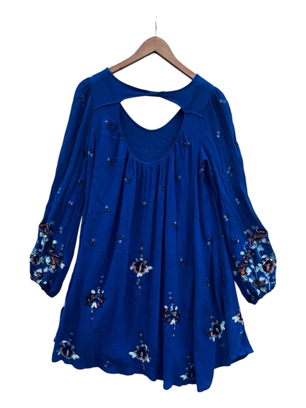 Free People Cobalt Blue Floral Embroidered Long-Sleeve Lined Dress Size XS